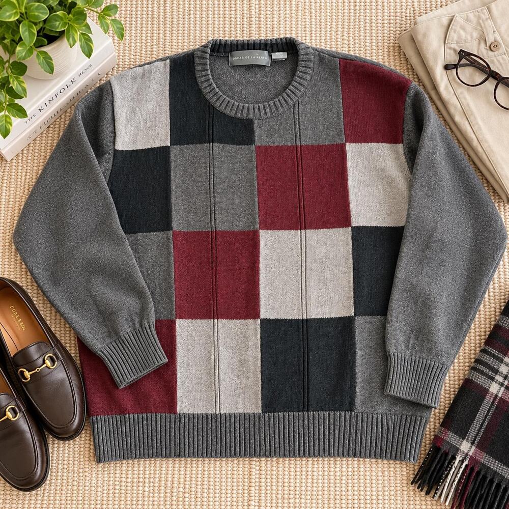 Oscar de la Renta Mens Colorblock Sweater Gray Burgundy Black Vintage Knit XXL
